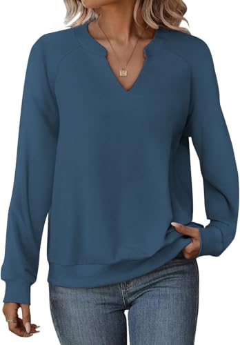 Cuptacc Pullover Damen Oberteile Elegant Basic Langarmshirt Damen Lange Ärmel V-Ausschnitt Lässig Top Blaugrau Größe L 42-44 von Cuptacc