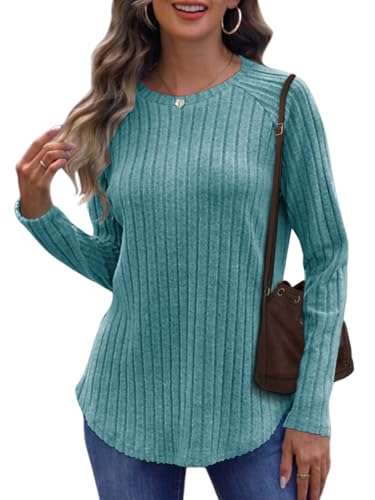 Cuptacc Pullover Damen Oversize Tops Rundhals Sweatshirt Basic Langarmshirt Damen Winter Gestreiftes Langarmshirt Blaugrün XL 46-48 von Cuptacc