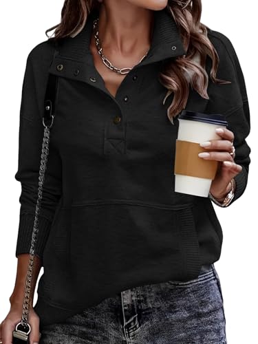Cuptacc Pullover Damen Stehkragen Sweatshirt Damen Ohne Kapuze 2025 Herbst Oberteile Mit Taschen Fleece Schwarz Mittel M 38-40 von Cuptacc