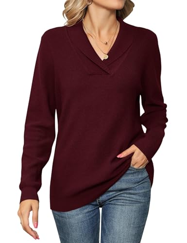 Cuptacc Pulli Damen Basic Solid V-Ausschnitt Weich Und Bequem Lässigen Pullover Damen 2025 Schickes Elegant Mit Gestrickt Kragen Pulli Weinrot XL 46-48 von Cuptacc