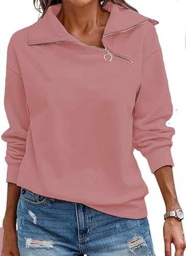 Cuptacc Pullover Damen Sweatshirt Winter 2025 Quarter Zip V-Ausschnitt Langarmshirt Damen Elegant Einfarbig Oberteile Dunkel Rosa, XXL 50 von Cuptacc