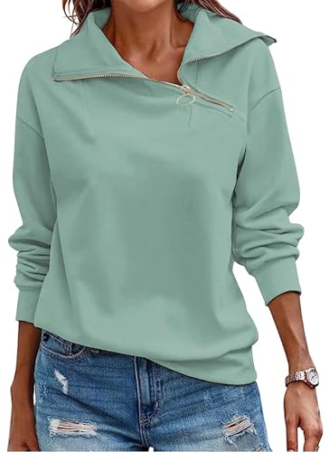 Cuptacc Pullover Damen Sweatshirt Winter 2025 Quarter Zip V-Ausschnitt Langarmshirt Damen Elegant Einfarbig Oberteile Grün, Groß L 42-44 von Cuptacc