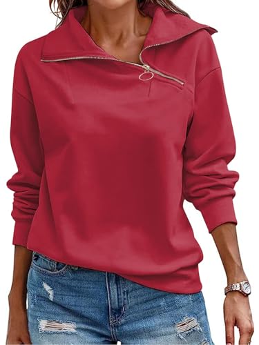 Cuptacc Pullover Damen Sweatshirt Winter 2025 Quarter Zip V-Ausschnitt Langarmshirt Damen Elegant Einfarbig Oberteile Rot, Groß L 42-44 von Cuptacc