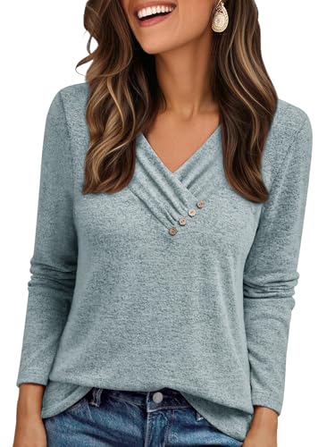Cuptacc Pullover Damen V-Ausschnitt Locker Einfarbig Basic Baumwolle Langarmshirt Elegant Mit Button Lässige Luftige Pullover Damen Graublau XXL von Cuptacc