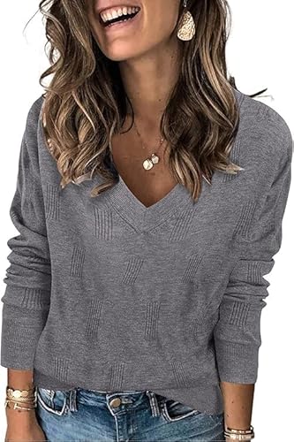 Cuptacc Pullover Damen V Ausschnitt Oberteil Baumwoll Basic Shirt Weich Grau, Klein S 36 von Cuptacc