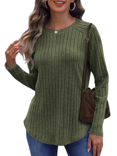 Cuptacc Pullover Damen Winter Elegant Tops Basic Langarmshirt Rundhalsausschnitt Longpullover Locker Sweatshirt Essentials Armee Grün M 38-40 von Cuptacc