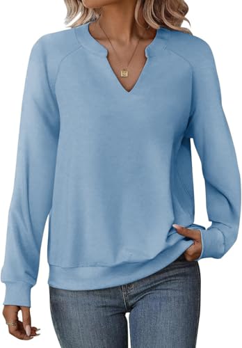 Cuptacc Pullover Für Damen Oberteile Elegant Basic Langarmshirt Damen V-Ausschnitt Tshirt Minimalistisch Blau Größe L 42-44 von Cuptacc