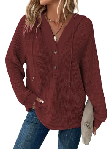 Cuptacc Pullover Für Damen V Ausschnitt Hoodie Einfarbig Freizeit Sweatshirt Locker Soft Winter Oberteile Damen Mit Knopfleiste Weinrot 2XL 50-52 von Cuptacc