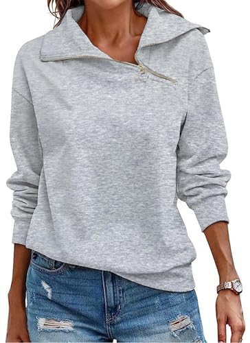 Cuptacc Pullover für Damen Half Zip Langarm Oberteile Herbst Modische Grau Sweatshirt Damen Ohne Kapuze Grau, Mittel M 38-40 von Cuptacc