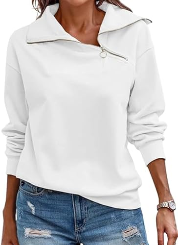 Cuptacc Pullover für Damen Half Zip Langarm Oberteile Herbst Modische Weiß Sweatshirt Damen Ohne Kapuze Weiß, Groß L 42-44 von Cuptacc