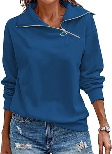 Cuptacc Pullover für Damen Half Zip Langarm Oberteile Herbst Modische Blau Sweatshirt Damen Ohne Kapuze Blau, XXL 50 von Cuptacc