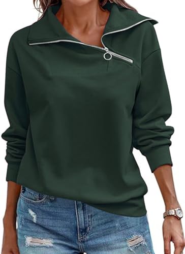 Cuptacc Pullover für Damen Half Zip Langarm Oberteile Herbst Modische Dunkel Grün Sweatshirt Damen Ohne Kapuze Dunkel Grün, Groß L 42-44 von Cuptacc