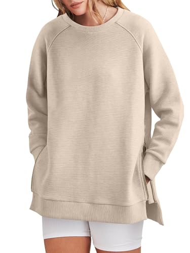 Cuptacc Pullover für Damen Oversize Rundhals Sweatshirt Herbst Winter Lässiges Seitenschlitzen Oberteile Damen Langarm Aprikose, Mittel M 38-40 von Cuptacc