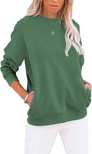 Cuptacc Pullover für Damen Sweatshirt Rundhals Farbblock Oberteile Damen Langarm Casual Locker Sportshirt Dunkelgrün Mittel M 38-40 von Cuptacc