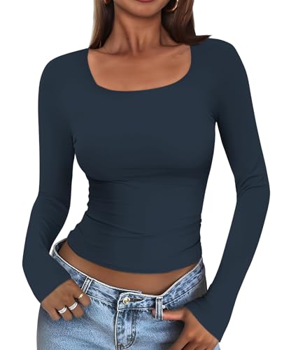 Cuptacc Shirt Damen Langarm Eng Basic Dünne Tops Für Damen Langarm Komfort U Ausschnitt Slim Fit Shirt Atmungsaktiv Gym Oberteile Marineblau S von Cuptacc