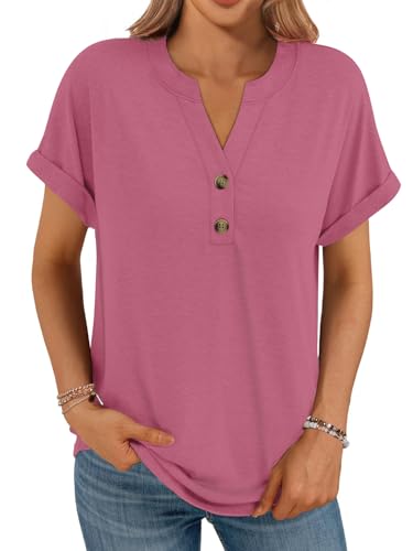 Cuptacc Shirts Damen Sommer Kurzarm V-Ausschnitt Mit Knöpfen T-Shirt Basic Top Cap Sleeve Locker Tshirt Damen Casual Solid Color Hibiskus Lila M Cuptacc Shirts Damen Sommer Kurzarm V-Ausschnitt Mit Knöpfen T-Shirt Basic Top Cap Sleeve Locker Tshirt Damen Casual Solid Color Hibiskus Lila M von Cuptacc