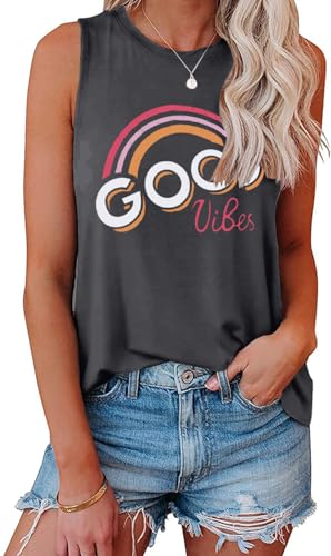 Cuptacc Sommer Tank Top Damen Weich Regenbogen Grafik 2025 Ärmellose T-Shirt Loose Fit Rundkragen Tops Damen Lässig Dunkelgrau Groß L 42-44 von Cuptacc