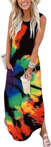 Cuptacc Sommerkleid Damen Ärmellos Lang Abendkleid Lose Midikleid mit Taschen Elegante Rainbow Blume Gradient,3Xl50 von Cuptacc