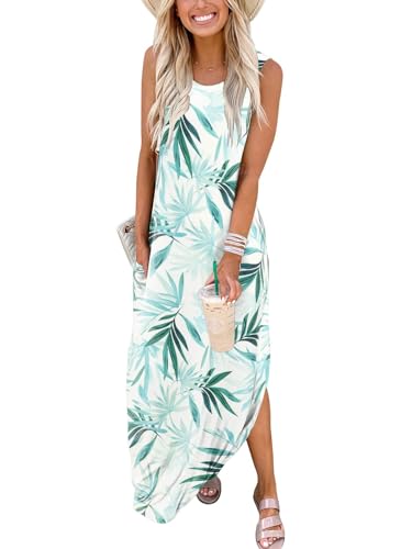 Cuptacc Sommerkleid Damen Ärmellos Strandkleid 2025 Damenkleider Sommer Lang Maxikleid mit Taschen Bambusblatt,XL 46 von Cuptacc