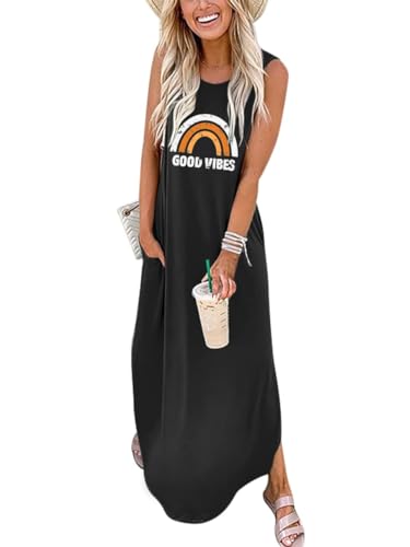 Cuptacc Sommerkleid Damen Ärmellos Strandkleid 2024 Damenkleider Sommer Lang Maxikleid mit Taschen Regenbogenmuster Schwarz,3XL 50 von Cuptacc