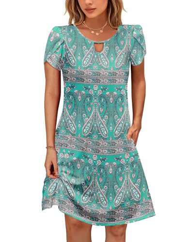 Cuptacc Sommerkleid Damen Blütenblatthülle Cocktailkleid mit Taschen Lässig Freizeitkleid Chic Böhmisch Grün,XL 46 von Cuptacc