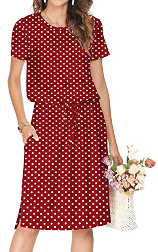 Cuptacc Sommerkleid Damen Knielang Hochzeitsgast Rundhals Kurzarm Grace Blusenkleid Damen Lang Festliche Kleider für Damen Dress Roter Punkt M von Cuptacc