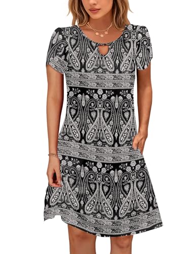 Cuptacc Sommerkleid Damen Kurzarm Strandkleid mit Taschen Lose Minikleid Elegante Böhmisch Schwarz,Groß L 42-44 von Cuptacc