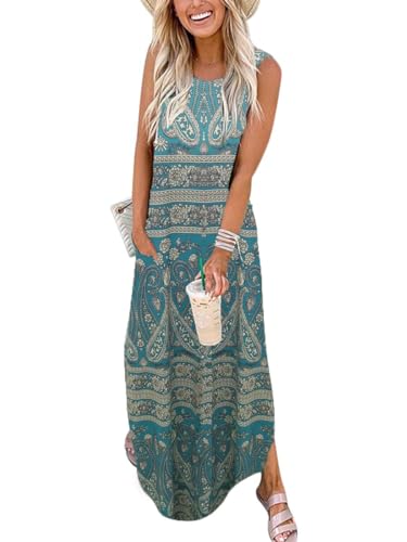 Cuptacc Sommerkleid Damen Lang Ärmellos Blumenmuster Kleid Damenkleider mit Taschen Sexy Boho Paisley Cyan,3XL 50 von Cuptacc