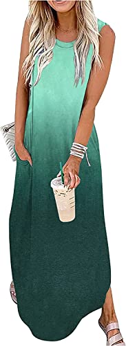 Cuptacc Sommerkleid Damen Lang Ärmellos Strandkleid Damenkleider Casual Maxikleid mit Taschen Dunkelgrün Verlauf,Klein S 34-36 von Cuptacc