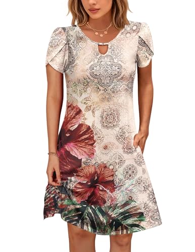 Cuptacc Sommerkleid Damen Rundhals Blütenblatthülle Kleider A Linie Freizeitkleid mit Taschen Chic Rote Blume,Mittel M 38-40 von Cuptacc