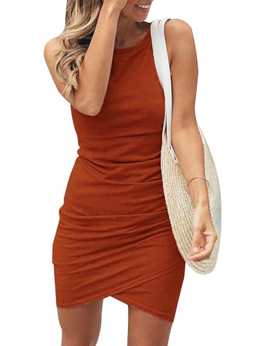 Cuptacc Sommerkleid für Damen trendiges 2024 Rundhalsausschnitt ärmelloses Tankkleid Hochzeitsgast Party Wickel Mini Bodycon Kleider Karamell XL 46-48 von Cuptacc