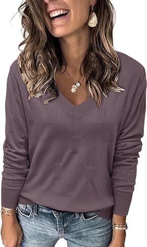 Cuptacc Sweatshirt Damen Basic Langarmshirt Baumwolle V-Ausschnitt Oberteile Grau Lila, Groß XL 46-48 von Cuptacc