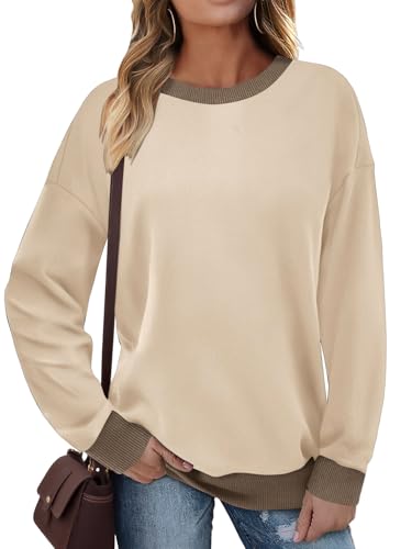 Cuptacc Sweatshirt Damen Casual Daily Lässigen Basic Warm Bunte Langarmshirt Mit Drop-Schulter Schickes Abgesetzte Pullover Damen Beige XXL von Cuptacc