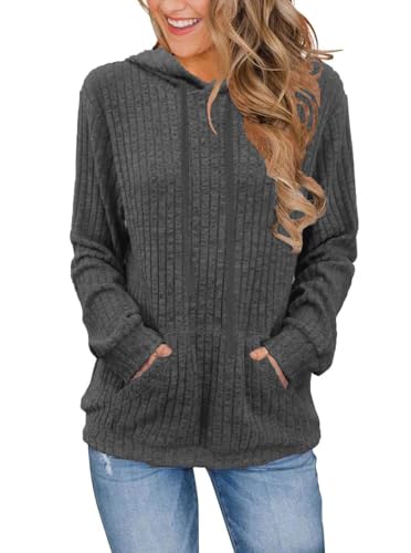 Cuptacc Sweatshirt Damen Herbst Hoodies Für Damen Elegant Kapuzenpullover Basic Langarmshirt Einfarbig Dunkelgrau L 42-44 von Cuptacc