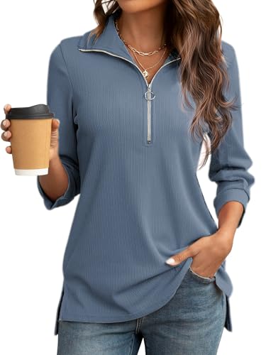 Cuptacc Tshirt Damen 3/4 Länge Ärmel V-Ausschnitt Bluse Leicht Reißverschluss Oberteile Damen Blau Mittel M 38-40 von Cuptacc