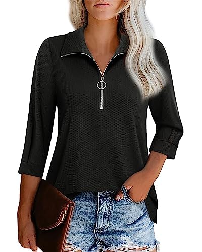 Cuptacc Sweatshirt Damen Herbst Tshirt Damen Oversize Leicht 3/4 Länge Ärmel V-Ausschnitt Halber Reißverschluss Oberteile Schwarz 2XL 50-52 von Cuptacc