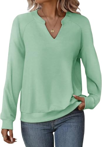 Cuptacc Sweatshirt Damen Ohne Kapuze Pullover Damen Basic Langarmshirt Elegant Oberteile V-Ausschnitt Top Hellgrün XXL 50-52 von Cuptacc