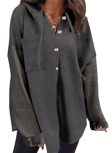 Cuptacc Sweatshirt Damen Oversize Pullover Damen Mit Kapuze Knopfleiste Oberteile Langarm Leichter Sweatshirt Tops Carbon Grau, XL 46-48 von Cuptacc
