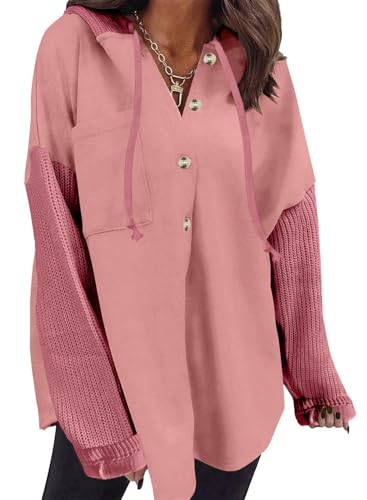 Cuptacc Sweatshirt Damen Oversize Pullover Damen Mit Kapuze Knopfleiste Oberteile Langarm Leichter Sweatshirt Tops Rosa, XL 46-48 von Cuptacc