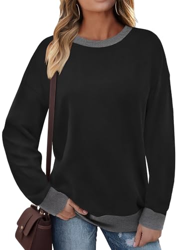 Cuptacc Sweatshirt Damen Oversized Rundhals Kontrast Schicker Warm Pullover Damen Herbst Winter Lässige Vintage Locker Sweatshirt Schwarz Grau L Groß von Cuptacc