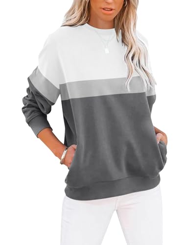 Cuptacc Sweatshirt Damen Pullover Elegant Farbblock Rundhals Langarmshirt Damen Locker Baumwolle Oberteile Pulli Weiß Grau Klein S 34-36 von Cuptacc