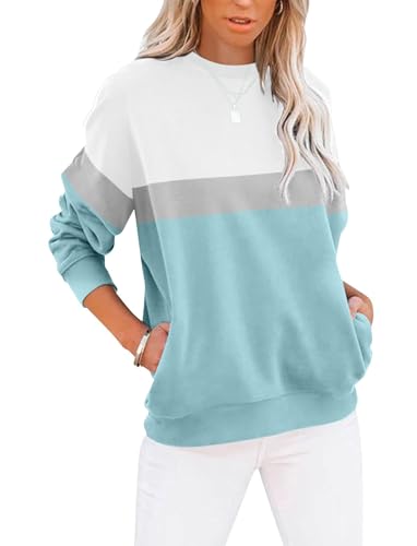 Cuptacc Sweatshirt Damen Pullover Herbst Farbblock Langarmshirt Damen Oberteile Elegant Rundhal Fishion Tshirt Pulli Blau Groß L 42-44 von Cuptacc