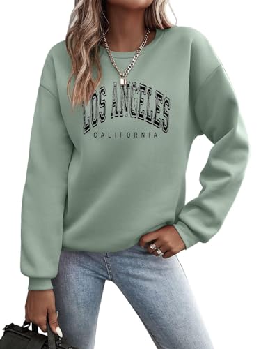 Cuptacc Sweatshirt Damen Pullover Herbst Langarmshirt Damen Oberteile Elegant Rundhal Los Angeles Tshirt Pulli LightGreen 2XL 50-52 von Cuptacc