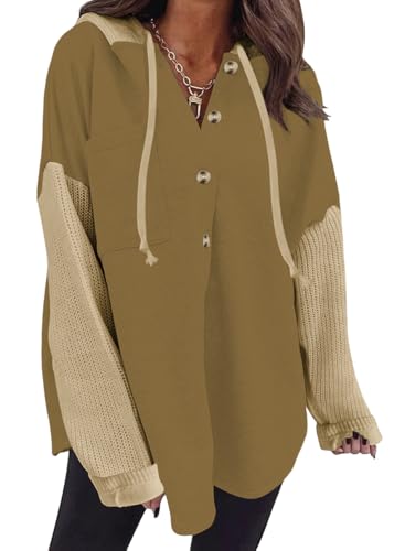 Cuptacc Sweatshirt Damen Pullover Langarm V Ausschnitt Hoodie Damen Oversize Mit Kordelzug Strickjacke Longpullover Winter Khaki, Groß L 42-44 von Cuptacc