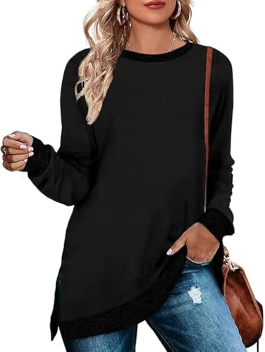 Cuptacc Oversize Pullover Damen Rundhalsausschnitt Trendy Design Farbblock Langarmshirts Weich Lockere Schwarz XL 46-48 von Cuptacc