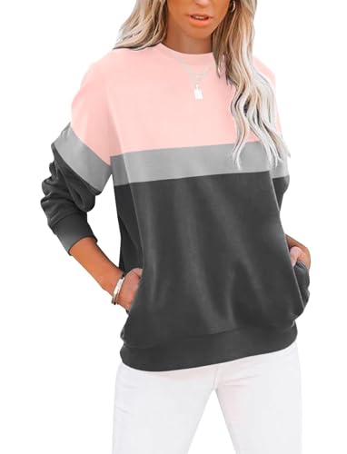 Cuptacc Sweatshirts für Damen Pullover Herbst Langarm Casual Oberteile Damen Farbblock Rundhalsausschnitt Tops Damen Rosa Grau Mittel M 38-40 von Cuptacc