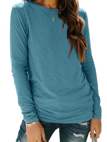 Cuptacc T Shirt Damen Casual Tops Rundhals Bluse Damen Langarm Coole Shirts Frauen Kleidung Basic Longsleeve Blaugrün M 38-40 von Cuptacc