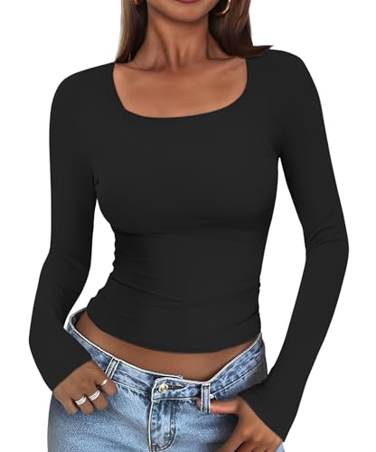 Cuptacc T Shirt Damen Langarm Eckiger Ausschnitt Basic Slim Fit Langarmshirt Damen Y2k Top Long Sleeve Solid Color Leicht Double Layer Oberteile Eng Schwarz M von Cuptacc