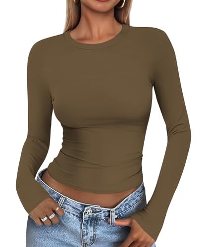 Cuptacc T-Shirt Damen Langarm Mode Konvertierbar Langarmshirt Damen Rundhalsausschnitt Skims Top Leichte Airy Dehnbar Crop Longsleeve Braun L von Cuptacc
