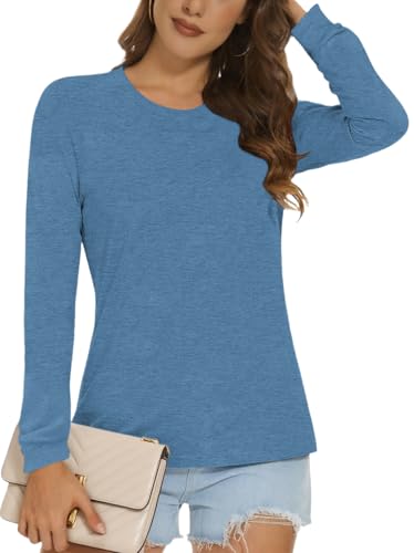 Cuptacc T Shirt Damen Langarm Rundhals Leicht Soft Touch Pullover 2025 Mode Classic Casual Bequem Oversized Große Größen Einfarbig Langarm Shirt Blau XXL von Cuptacc